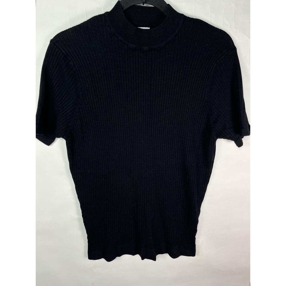 Zara Black Knit Short Sleeve‎ Mock Neck Knit Top Sz L Layering Basic Minimalist